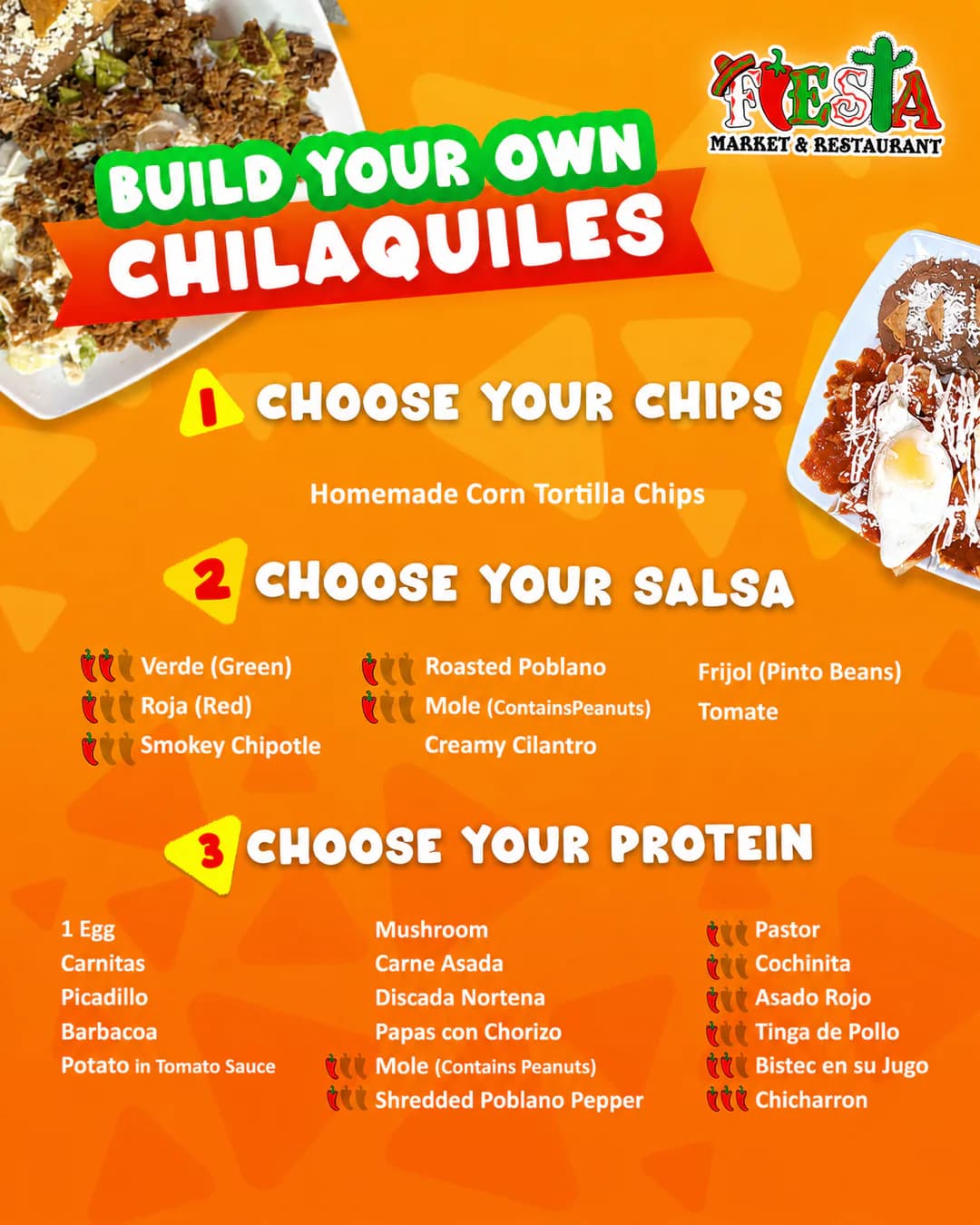 Build Your Own Chilaquiles options: homemade corn tortilla chips, salsa and protein
