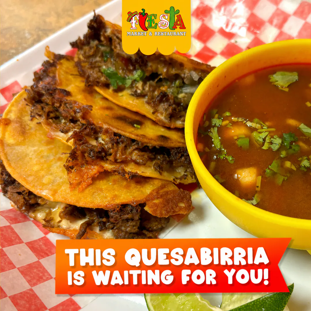 Quesabirria tacos served with birria consomé at Fiesta Market & Restaurant in Calgary