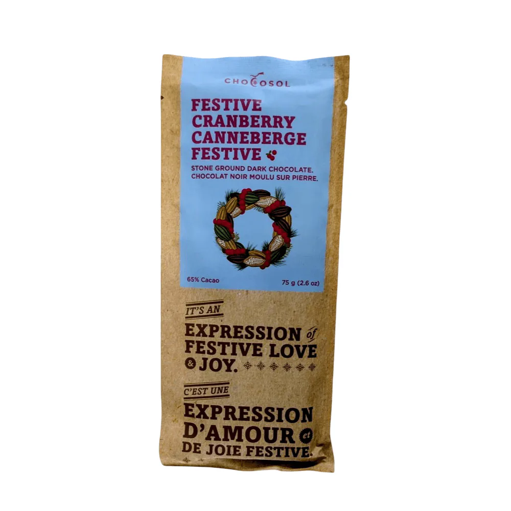 Festive Cranberry Chocosol 75g chocolate bar with cranberry holiday flavour