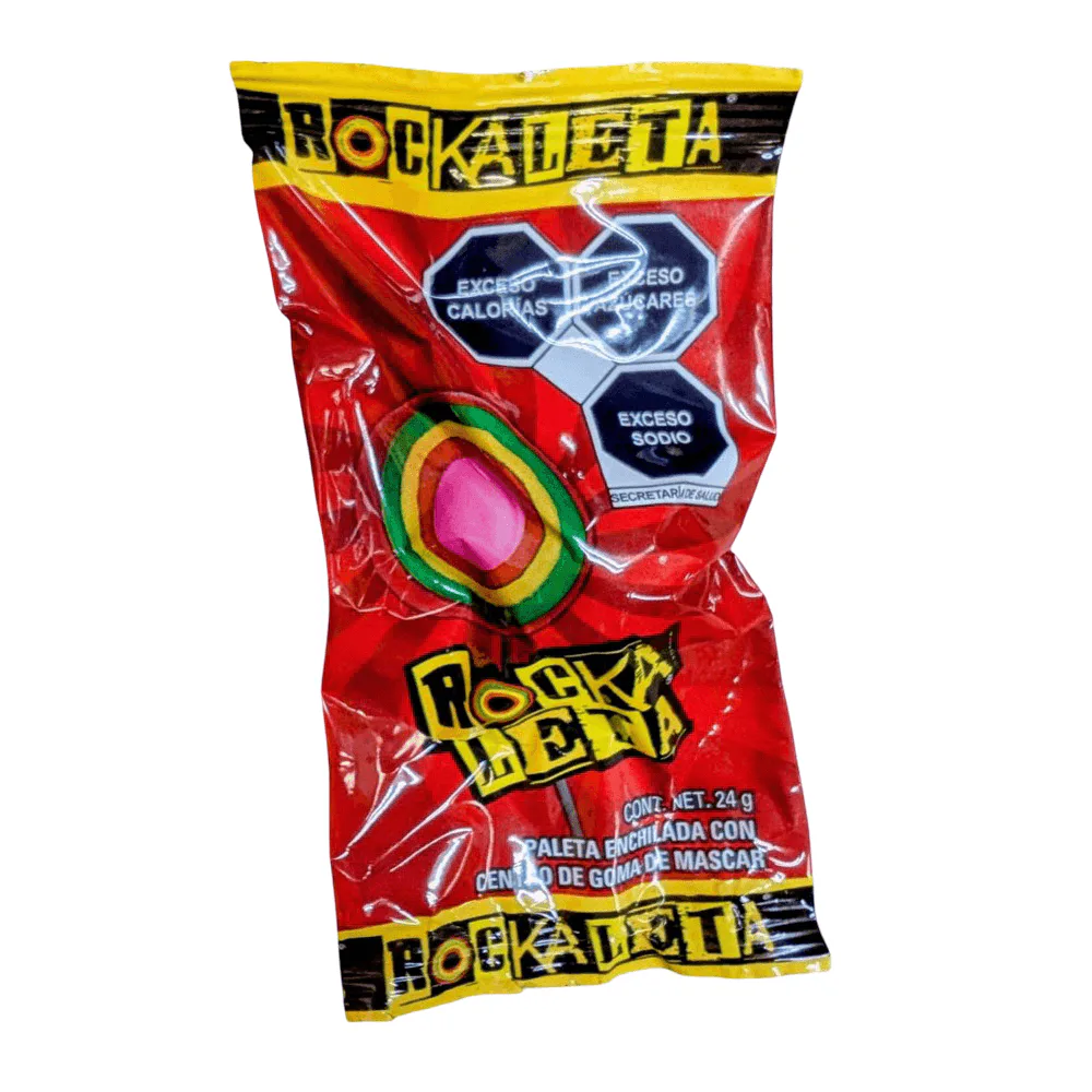 Rockaleta Individual Mexican lollipop with chili layers and gum center